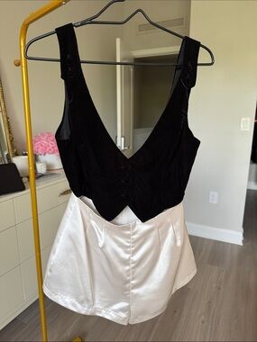 Black Velvet Vest with White Satin Romper